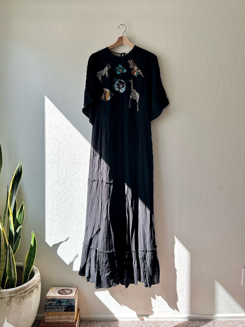 Zara basic 2016 animal embroidered black maxi dress oversized small sheer back - Picture 2 of 11